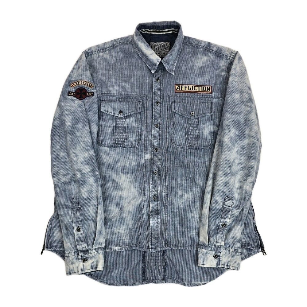 Affliction Shirt Buckle Mens 2XL Denim Acid Wash Western Moto Club Patch